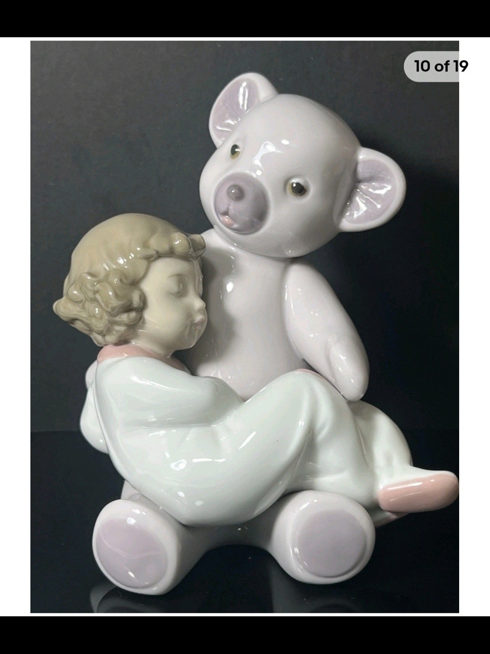 Lladro Pastel Girl and Teddy Porcelain Sculpture in White, Cream, Pink